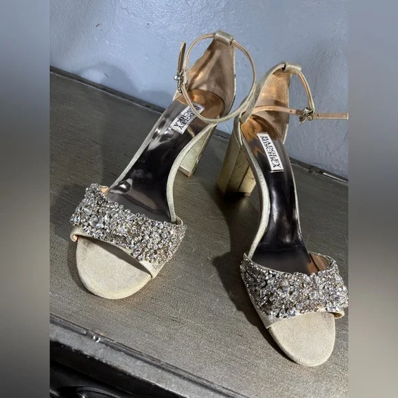 Badgley Mischka HINES Gold Embellished Chunk Heels - Picture 3 of 15